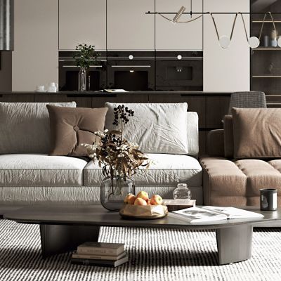 新中式客厅，新中式客餐厅，新中式沙发，