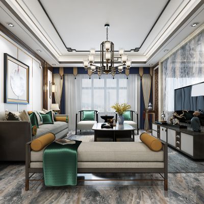 新中式客厅，新中式客餐厅，新中式沙发，