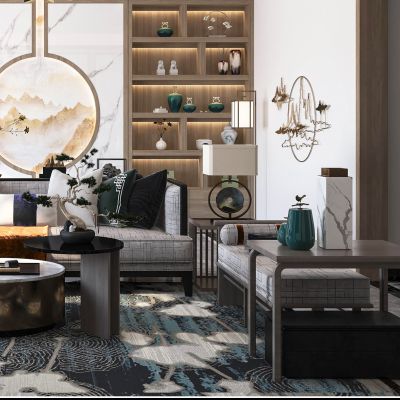 新中式客厅，新中式客餐厅，新中式沙发，