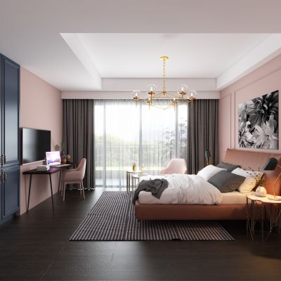 美式轻奢卧室 女孩房 粉色卧室 衣柜 吊灯 书桌 休闲椅