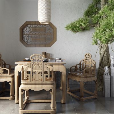 新中式餐桌 石狮子 灯笼