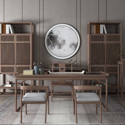 新中式茶桌 大班台 博古架