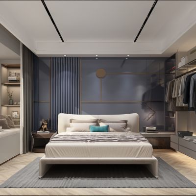 现代卧室 双人床 床头柜 飘窗 饰品摆件