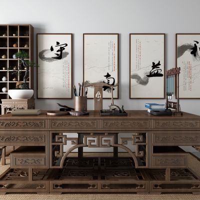 新中式书桌 茶具 盆栽