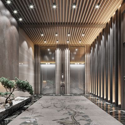 新中式酒店会所电梯间松树水景景观石头