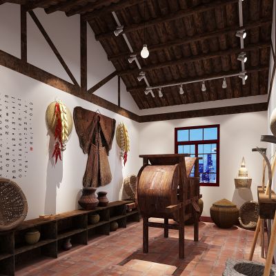 民宿民俗农家院蓑衣斗笠鱼篓锄头草帽编织箩筐风车推车农具