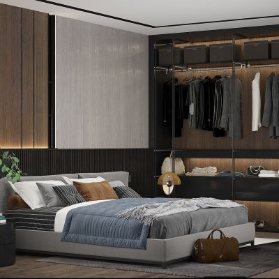 现代轻奢港式卧室双人床衣柜皮包