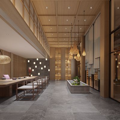 新中式民宿酒店大堂前厅茶室茶桌椅藤编吊灯