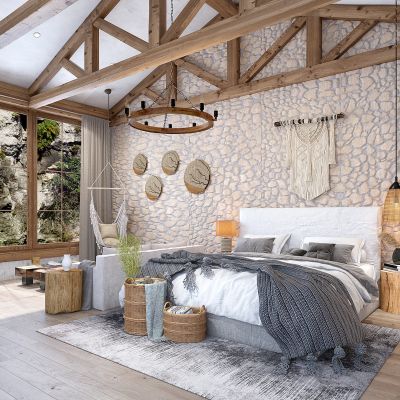 美式中式民宿乡村客房卧室床藤编箩筐