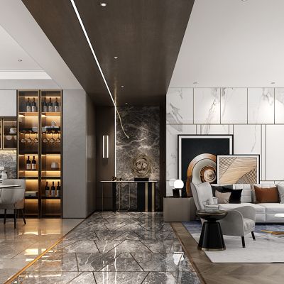 现代轻奢客餐厅沙发茶几餐桌椅橱柜书柜酒柜摆台