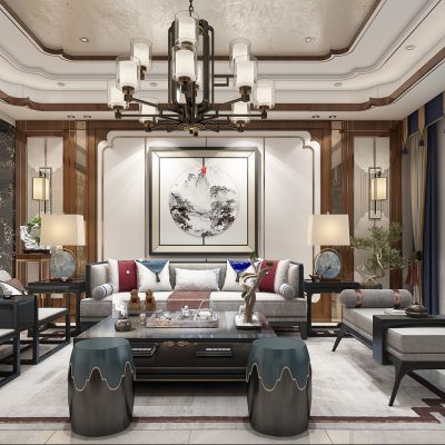 新中式客厅沙发茶几靠包抱枕墩凳卧榻椅子窗帘