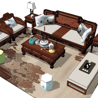 中式古典红木实木雕花家具沙发SU模型