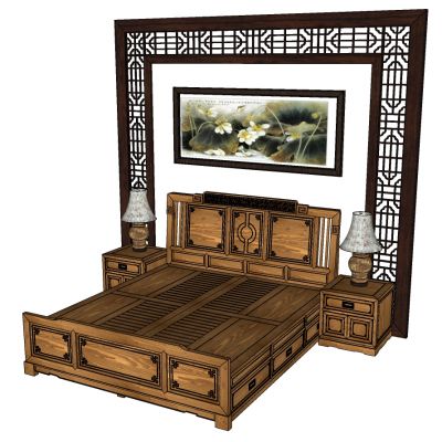 中式古典实木雕花双人床