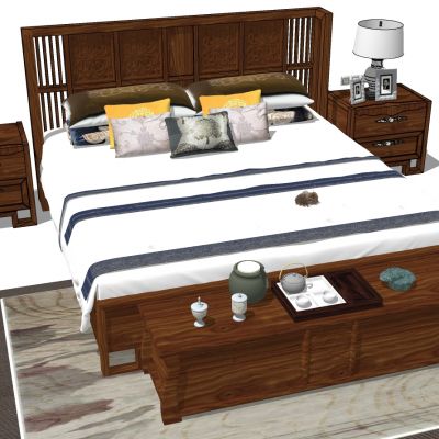 中式实木雕花双人床