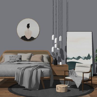 现代北欧新中式藤编席子休闲椅简约双人床