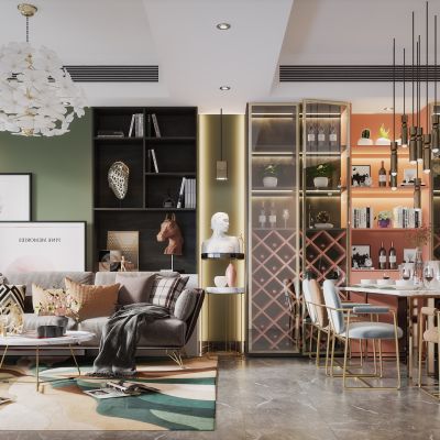 现代北欧轻奢客厅餐厅客餐厅