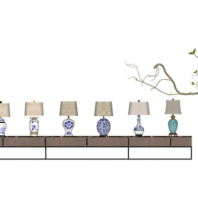 新中式青花瓷台灯花瓶插花干枝摆件组合