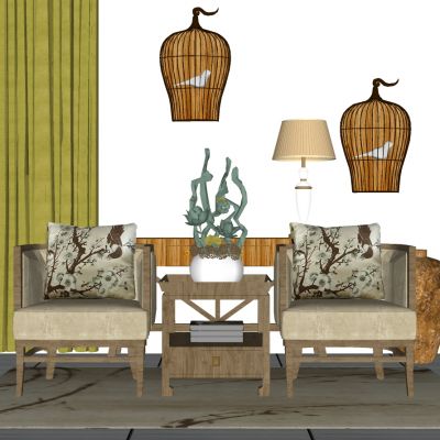 东南亚新中式美式木质单人沙发鸟笼盆栽植物