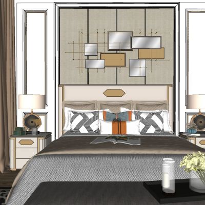 轻奢简欧式卧室双人床床头柜台灯床尾凳