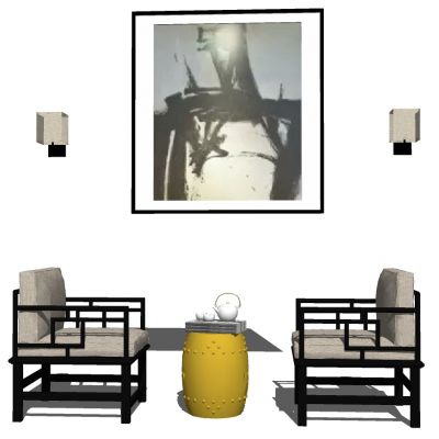 中式单人沙发圆凳鼓凳壁灯