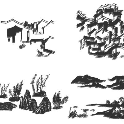 新中式徽派建筑山水铁艺雕刻床头背景墙