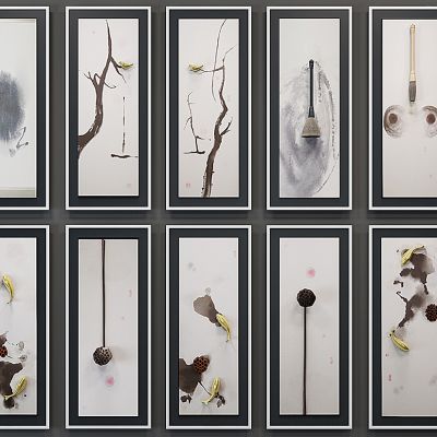 现代新中式立体小鸟毛笔莲蓬挂画组合