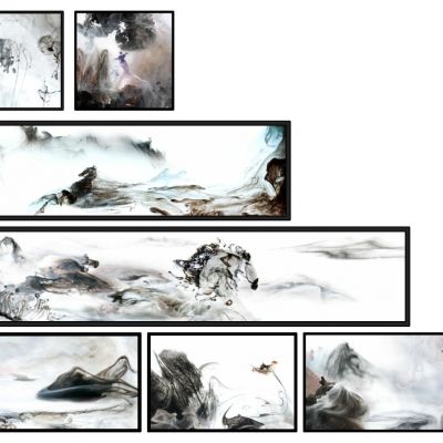 新中式抽象泼墨屏风背景装饰挂画