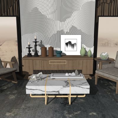 现代新中式实木简约沙发大理石茶几实木边柜摆件组合