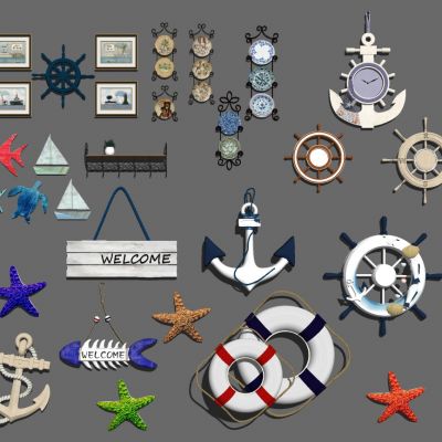 地中海儿童房救生圈船锚船桨铁艺盘子