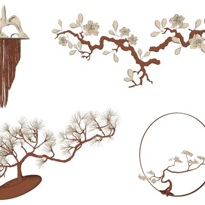 新中式床头背景墙金属树枝花瓣松树干枝墙饰