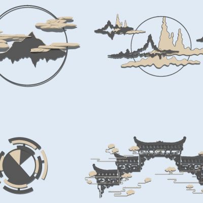 新中式床头背景墙金属山脉山形古建筑