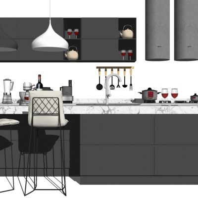 现代橱柜吧台吧椅摆件组合