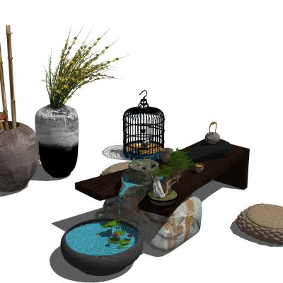 中式水景茶桌SU模型