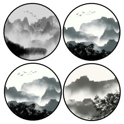 中式圆形水墨山水装饰画挂画