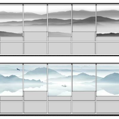 新中式山水山脉图案画窗帘卷帘遮光窗帘