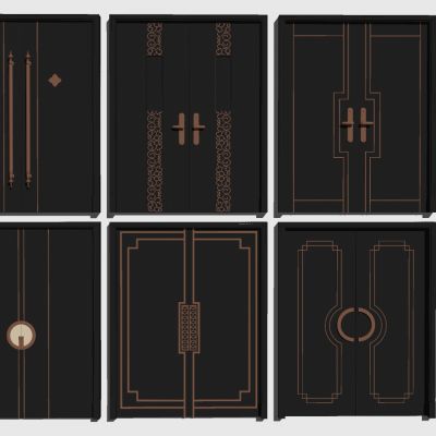 新中式实木雕花双开大门组合