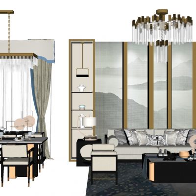 新中式客餐厅沙发茶几餐桌