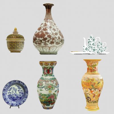 中式古董陶瓷花瓶盘子青花瓷茶叶罐茶壶茶杯