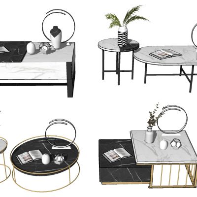 现代北欧大理石实木茶几摆件组合