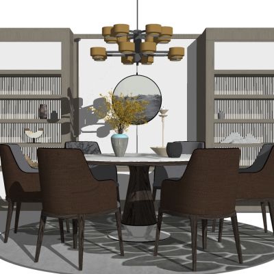 新中式圆形餐桌、吊灯组合