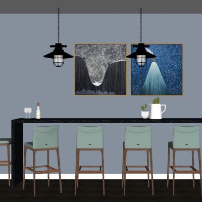 北欧现代吧台吧椅装饰画吊灯组合