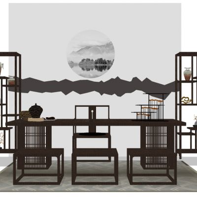 中式博古架茶桌椅