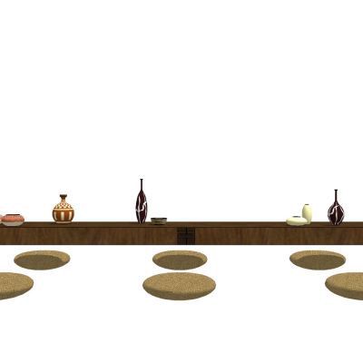 日式实木长桌藤编编织圆凳餐桌