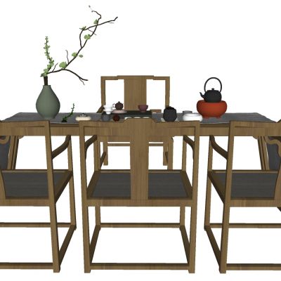 新中式茶室实木茶几边几圆几茶桌椅)