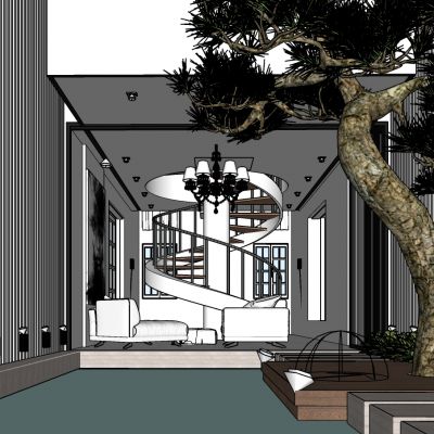 新中式庭院私人泳池松树旋转楼梯