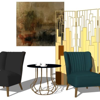 新中式屏风休闲椅子边几