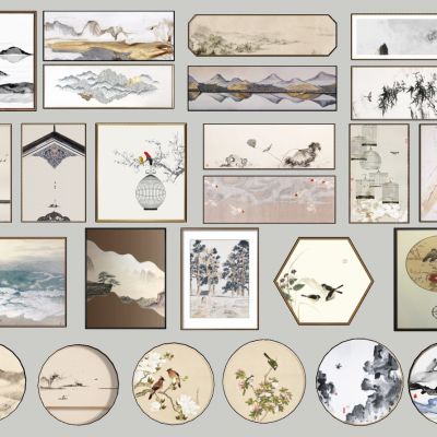 新中式抽象山水屏风圆形花鸟山水背景装饰挂画