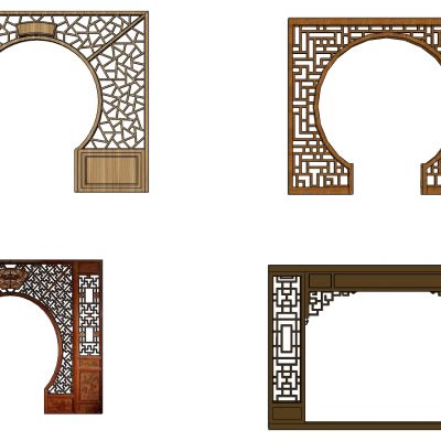 中式落地罩隔断挂落月亮门花格角花