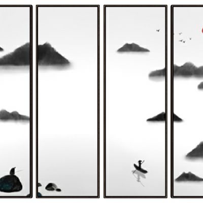 新中式抽象山水屏风背景装饰挂画