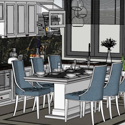 简欧美式餐厅开放厨房方形餐桌